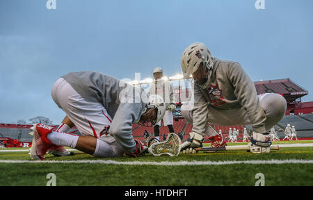 Piscataway, NJ, USA. 10 Mar, 2017. Les joueurs réchauffer avant une partie de crosse mens NCAA entre les loups de Stony Brook et le Rutgers Scarlet Knights à High Point Solutions Stadium à Piscataway, New Jersey a battu Rutgers Stony Brook 17-4. Mike Langish/Cal Sport Media. Credit : csm/Alamy Live News Banque D'Images