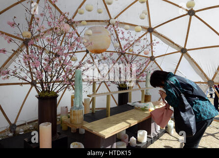 Tokyo. Mar 11, 2017. Un citoyen local prie à un site commémoratif à Tokyo, le 11 mars 2017, pour marquer le sixième anniversaire de la 2011 tremblement de terre et du tsunami qui a frappé le nord-est du Japon et plus de 18 000 morts ou disparus. Credit : Ma Ping/Xinhua/Alamy Live News Banque D'Images