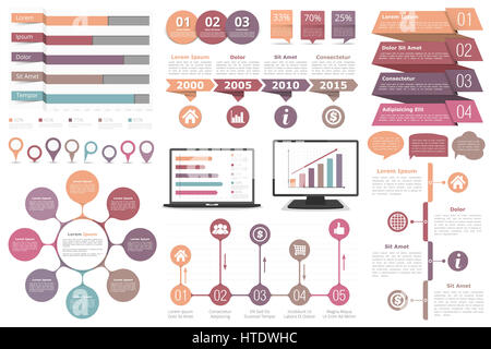 Ensemble d'éléments de conception infographique - graphiques à barres, les marqueurs de carte, diagramme circulaire, les bulles, l'échéancier, les objets avec des étapes ou d'options, de l'informatique et la Banque D'Images