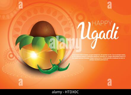 Ugadi et Gudi Padwa heureux Nouvel An hindou Pot de carte de Vœux à la noix de coco Illustration de Vecteur