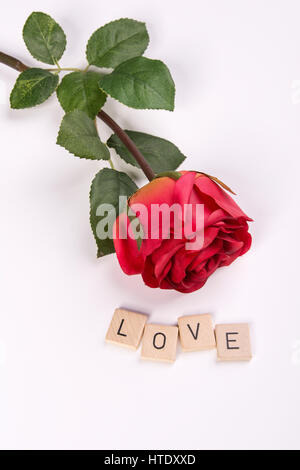 Une rose rouge avec le mot 'Amour' : Banque D'Images