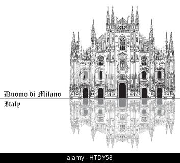 La cathédrale de Milan célèbre avec ombre sur la piazza à Milan, Italie. Illustration graphique de dessin à la main. Vector isolé sur un fond noir. Illustration de Vecteur