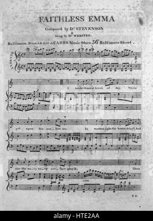 Sheet Music image de couverture de la chanson 'Faithless Emma', avec l'auteur original "Lecture notes composées par le Dr Stevenson', United States, 1900. L'éditeur est répertorié comme "Carr's Music Store, 36 Rue De Baltimore', la forme de la composition est "avec chœur trophique', l'instrumentation est 'piano et voix", la première ligne se lit "J'erre" une fois au lever du jour, alors qu'à la mer sans soleil', et l'illustration artiste est répertorié comme 'Aucun'. Banque D'Images