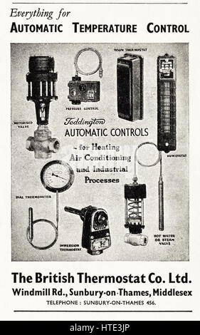 1940s ancienne publicité rétro industrielle vintage originale datée de 1943 annonçant le contrôle de la température pour l'industrie par la British thermostat Co Ltd de Sunbury-on-Thames Middlesex Angleterre Royaume-Uni Banque D'Images