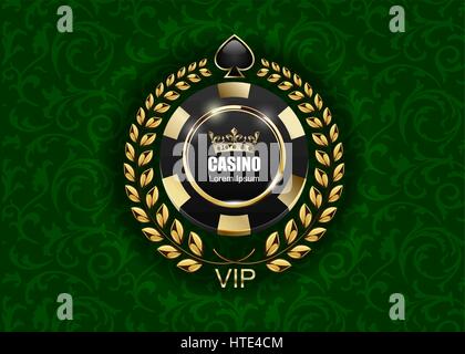 Poker VIP Noir luxe et golden casino chip logo vector concept. Club Poker Royal emblème avec couronne, couronne de laurier et la cosse sur le motif floral vert Illustration de Vecteur
