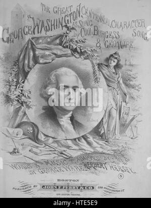 Sheet Music image de couverture de la chanson 'Le Grand Caractère du centenaire de George Washington chanson', avec notes de lecture auteur original 'Paroles et musique par George Ware adapté par Herbert Hersey', United States, 1875. L'éditeur est répertorié comme 'John F. Perry et Co., 538 Washington St.', la forme de la composition est 'medley basée sur des airs populaires du Paddy Voyage à la Lune, l'étoile d'Espoir, essayez un peu de danse, Ware, vous ne manquerez jamais l'eau, l'Oncle Tom, pas de maison, mais il y a une Darling, Tara's hall ; comprend ', l'instrumentation est 'piano et voix", la première ligne se lit 'Je vais dire yo Banque D'Images