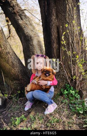 Baby Girl avec un pékinois assis sur l'herbe sous un grand arbre Banque D'Images