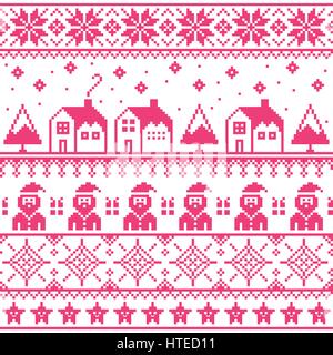 Cavalier de noël ou un chandail rose motif transparent avec Santa et maisons Illustration de Vecteur