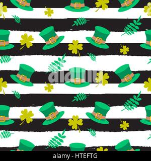 L'Irlande Saint Patrick à rayures motif transparent vecteur. Leprechaun chapeau vert avec des feuilles sur le noir et blanc à rayures fond mosaïque. Illustration de Vecteur