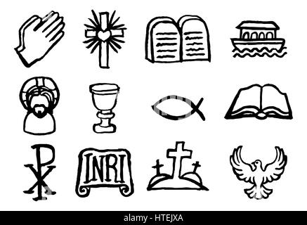 Série des symboles icône chrétienne peint avec un pinceau à l'encre aquarelle dans grungy style dessiné à la main puis scanné. Banque D'Images