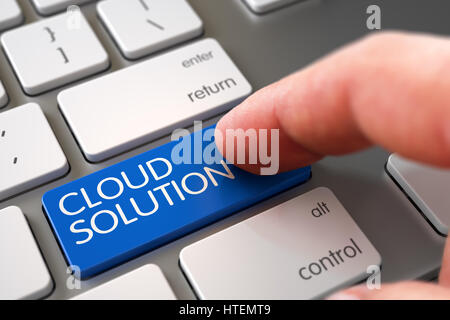 L'homme doigt qui appuie sur le bouton Solution nuage bleu métallique sur le clavier. 3D Render. Banque D'Images
