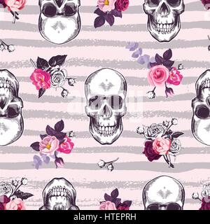 Motif transparent kitsch avec des crânes humains et demi-bourgeons de fleurs de couleur rose sur fond rose contre avec rayures horizontales gris grungy. Vector illustration pour le tissu, impression bannière, carte postale. Illustration de Vecteur