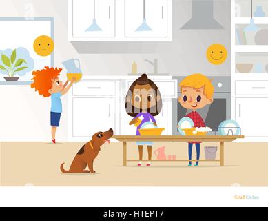 Enfants faire des activités quotidiennes de routine dans la cuisine. Deux enfants lave-vaisselle et red head boy holding baseball avec le jus d'orange. Concept environnement Montessori. Vector illustration pour affiche, flyer. Illustration de Vecteur