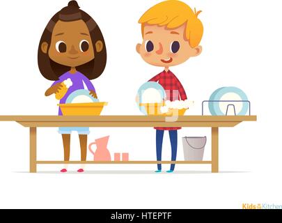 Deux heureux enfants multiraciale lave-vaisselle isolé sur fond blanc. Nettoyage des enfants de la vaisselle. Activités pédagogique Montessori concept. Vector illustration pour flyer, banderole, affiche. Illustration de Vecteur