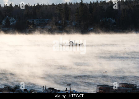 La fumée s'élève de la mer, de la surface et entoure les bateaux avec la température de moins 11 degrés F. Southwest Harbor, l'Acadia National Park, Maine. Banque D'Images