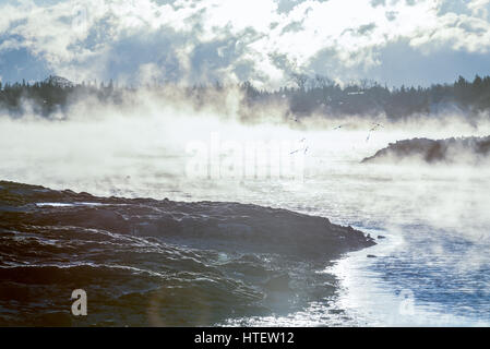 La fumée s'élève de la mer, de la surface et entoure les bateaux avec la température de moins 11 degrés F. Southwest Harbor, l'Acadia National Park, Maine. Banque D'Images