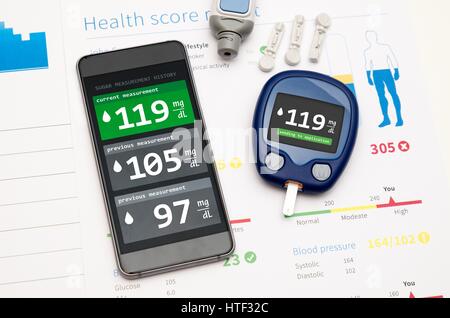 Application pour le diabète. Glucomètre envoie mesurer pour smartphone. Banque D'Images