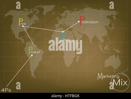Concepts d'entreprise, illustration du Marketing Mix ou 4Ps pour la Stratégie de Gestion du modèle sur la carte du monde. Une fondation concept dans le marketing. Illustration de Vecteur