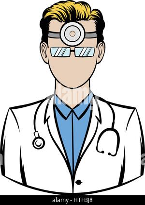 Doctor with stethoscope et le réflecteur de l'icône en oto-rhino-laryngologiste frontale cartoon style vector illustration isolé Illustration de Vecteur