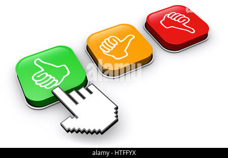Client heureux en cliquant sur le bouton de rétroaction positive business et marketing concept abstrait 3d illustration. Banque D'Images