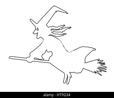 Contours d'une sorcière sur son balai volant la pleine lune Illustration de Vecteur