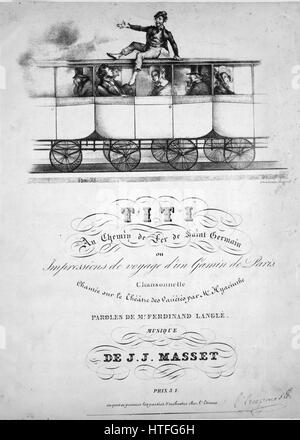 Sheet Music image de couverture de la chanson 'Titi au Chemin de Fer de Saint Germain, UO, impressions de voyage d'un Gamin de Paris Chansonnette', avec une œuvre originale note lire 'Paroles de M. Ferdinand Langle Musique de JJ Masset', 1900. L'éditeur est répertorié comme '', la forme de la composition est "par-composées', l'instrumentation est 'piano et voix", la première ligne se lit "Ohe ohe les ch'mins d'ferhe comm' ca marche', et l'illustration artiste est répertorié comme "Bourdet [del.] ; Lith. de Lemercier, Benard et Cie". Banque D'Images