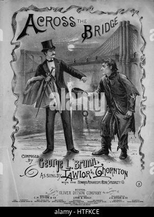 Sheet Music image de couverture de la chanson "sur le pont", avec les notes de l'auteur original à lire 'composé par George L Brunn', United States, 1888. L'éditeur est répertorié comme 'Oliver Ditson Company, 451 Washington St.', la forme de composition trophique est 'savec chorus (avec dance interlude)', l'instrumentation est 'piano et voix", la première ligne se lit "sur le pont à minuit, j'était dans la consternation, regarder des traînards épuisés, et l'illustration artiste est répertorié comme 'Aucun'. Banque D'Images