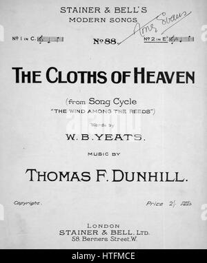 Image de couverture partitions de la chanson 'Stainer et Bell's chansons modernes les toiles du ciel (du cycle 'Le Vent parmi les roseaux')', avec des notes d'auteur original 'lecture Mots par WB Yeats Musique par Thomas F Dunhill', Royaume-Uni, 1911. L'éditeur est répertorié comme "tainer et Bell, Ltd., 58 Berners Street W.', la forme de la composition est "par-composées', l'instrumentation est 'piano et voix", la première ligne se lit "Si je n'avais l'amour de chiffons brodés, Enwrought avec lumière d'or et d'argent', et l'illustration artiste est répertorié comme 'Aucun'. Banque D'Images