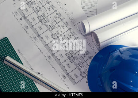 Les plans d'architecture dessin du projet avec les bleus rolls Banque D'Images