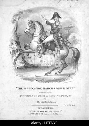 Sheet Music image de couverture de la chanson 'Le Tippecanoe Mars et Quick Step ', avec une œuvre originale 'Lecture notes composées par William Ratel', United States, 1840. L'éditeur est répertorié comme "Geo. W. Hewitt et Co., 184, rue Chesnut', la forme de composition est 'sectional ; da capo', l'instrumentation est 'piano', la première ligne se lit 'Aucun', et l'illustration artiste est répertorié comme 'Thos. Sinclair, Lith. Phila.'. Banque D'Images