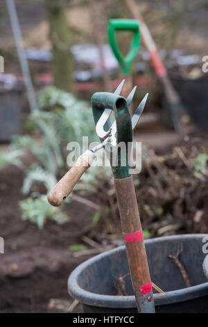 Outils de jardin. La Fourche bêche et jardiniers. UK Banque D'Images