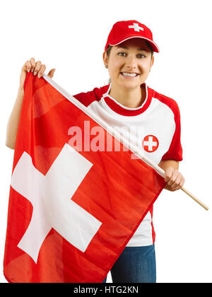 Photo d'un beau sportif de Suisse tenant un drapeau suisse. Banque D'Images