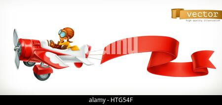 Funny airplane avec bannière rouge, 3d vector cartoon isolé sur fond blanc Illustration de Vecteur