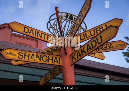 Sign post pointant vers des sites célèbres et des sites touristiques en Australie Banque D'Images