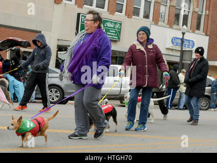 Emporia, États-Unis 11e Mar, 2017. Saint Patrick's day parade dans la communauté agricole rurale, les amis de l'abri pour animaux de parade avec un certain nombre de chiens qui sont prêts pour l'adoption aujourd'hui à Emporia Kansas, 11 mars 2017. Credit : mark reinstein/Alamy Live News Banque D'Images