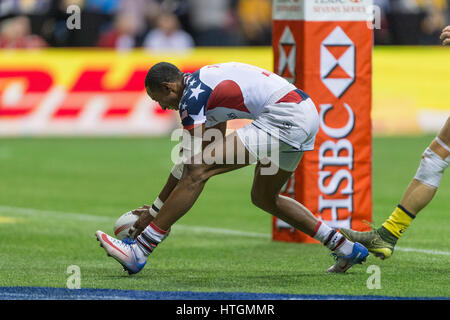 Vancouver, Canada. 11 mars 2017. Perry Baker (11) des États-Unis, marquant un essai. 1-jour de rugby à VII de la HSBC Canada, BC Place Stadium. © Gerry Rousseau/Alamy Live News Banque D'Images