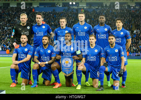 Leicester, Royaume-Uni. 14Th Mar, 2017. Groupe de l'équipe de Leicester City line-up Football/soccer : (L-R) Haut Kasper Schmeichel, Christian Fuchs, Jamie Vardy, Robert Huth, Wilfred Ndidi, Shinji Okazaki, Bas (L-R) Daniel Drinkwater, Danny Simpson, Wes Morgan, Marc Albrighton et Riyad Mahrez de Leicester City au cours de l'UEFA Champions League Round 16 match entre de Leicester City et de Séville à King Power Stadium à Leicester, Angleterre . Credit : AFLO/Alamy Live News Banque D'Images