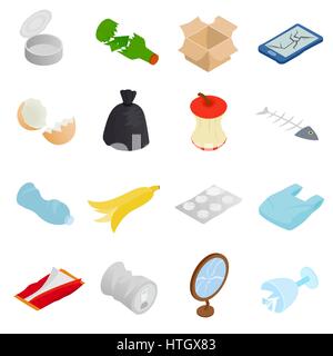 Déchets et ordures icons set, style 3D isométrique Illustration de Vecteur