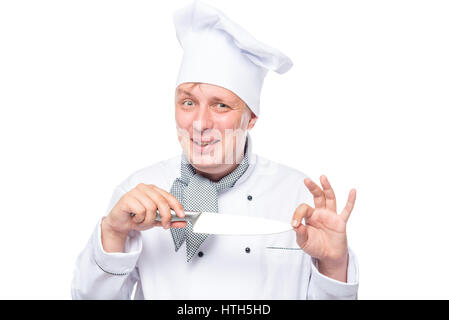 Crazy chef avec un couteau pointu portrait émotionnel sur un fond blanc Banque D'Images