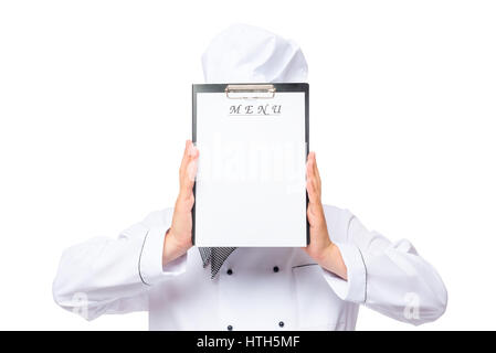 Menu Chef à la place de la tête sur un fond blanc Banque D'Images