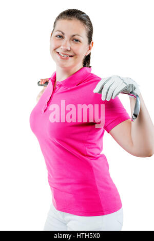 Ambiance smiling woman golfer sur un fond blanc Banque D'Images