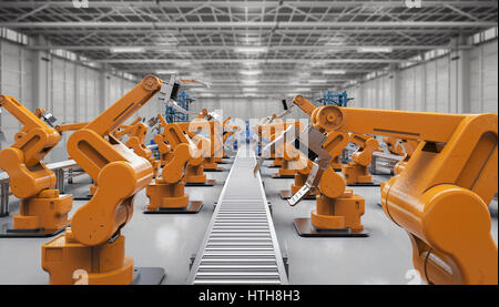 Concept de l'industrie de l'automatisation avec rendu 3D bras robotiques avec lignes de convoyeurs Banque D'Images