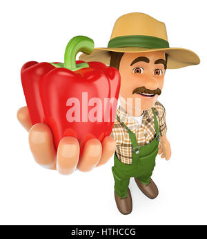 Les gens de travail 3d illustration. Agriculteur avec un poivron rouge de sa récolte. Isolé sur fond blanc. Banque D'Images