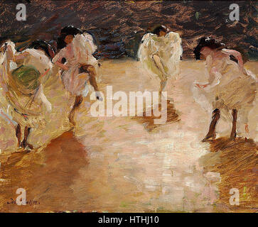 Une représentation vivante de jeunes femmes interprétant le cancan, une danse française de haute énergie populaire au XIXe siècle. L’œuvre met en valeur les poses dynamiques et les costumes colorés associés à la scène de danse parisienne animée. Banque D'Images