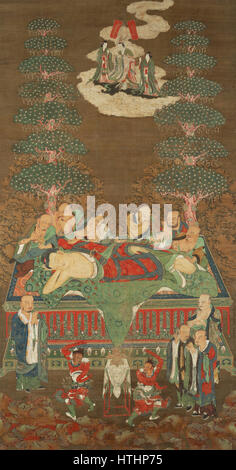 'Butsu nehan zu' est une peinture bouddhiste japonaise représentant la mort et le décès du Bouddha. Cette œuvre est une image religieuse importante, se concentrant sur le départ serein et paisible du Bouddha dans le Nirvana. Banque D'Images