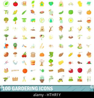 100 gardering icons set dans un style de dessin animé pour tout modèle vector illustration Illustration de Vecteur