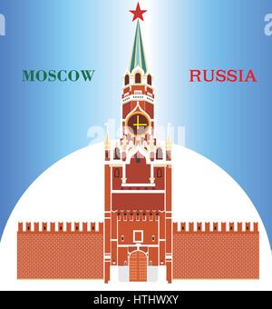 Spasskaya Bashnya colorés de Kremlin de Moscou à fond bleu Illustration de Vecteur