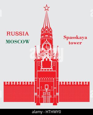 La tour Spasskaya du Kremlin de Moscou en couleur rouge sur fond gris Illustration de Vecteur