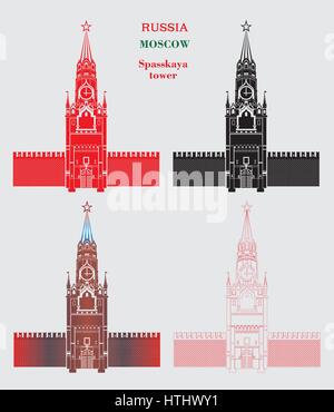 Mettre en quatre couleurs (rouge, noir , blanc coloré, couleurs) de la tour Spasskaya du Kremlin de Moscou sur fond gris Illustration de Vecteur