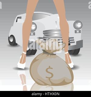 Voiture rétro. Vol Vol de banque. Un tas de sac de l'argent. Les jambes des femmes. Illustration sur fond blanc faciles à séparer pour votre conception Illustration de Vecteur